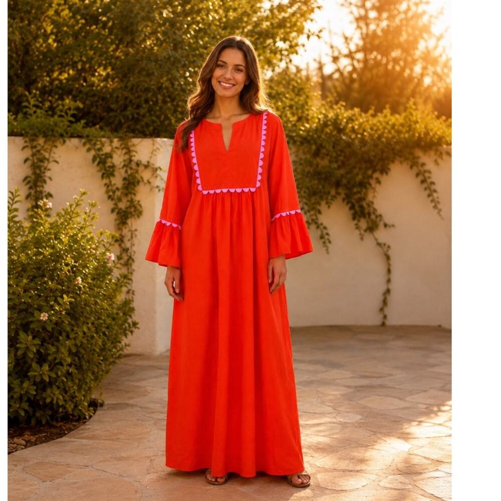 TCEC Orange Red 100% Cotton Pink Scallop Bell Sleeve Maxi Dress L NWOT Pockets